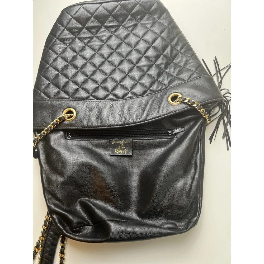 Koret Vintage Black Leather Quilted Shoulder Handbag Tassel Chain Straps